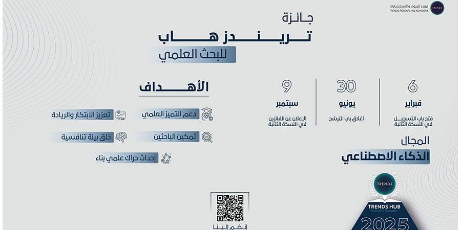 فتح باب التسجيل لجائزة «تريندز» للبحث العلمي - الهلال الإخباري